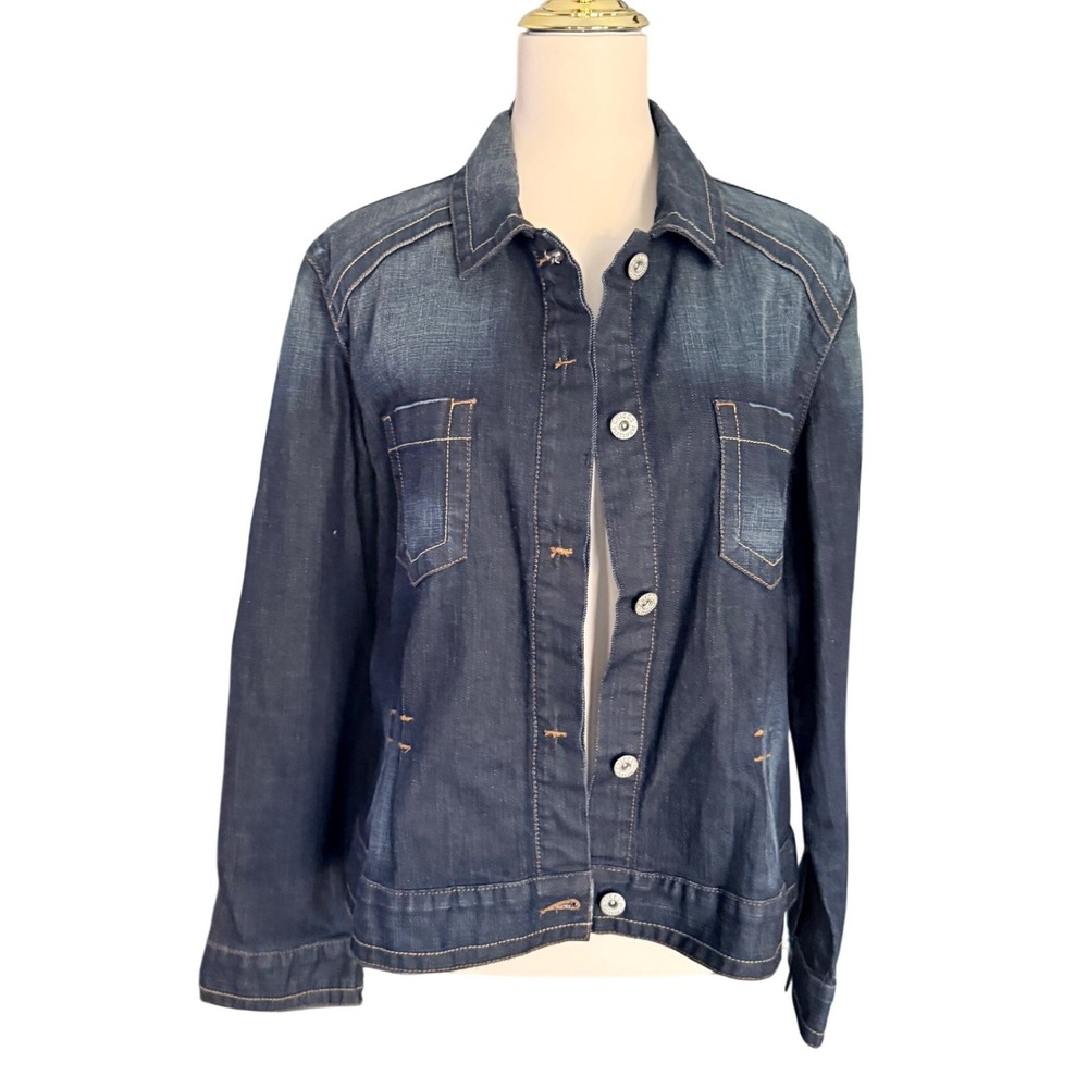 Chicos Platinum Dark Wash Denim Jacket Pleated Waist Stretch Indigo US size L